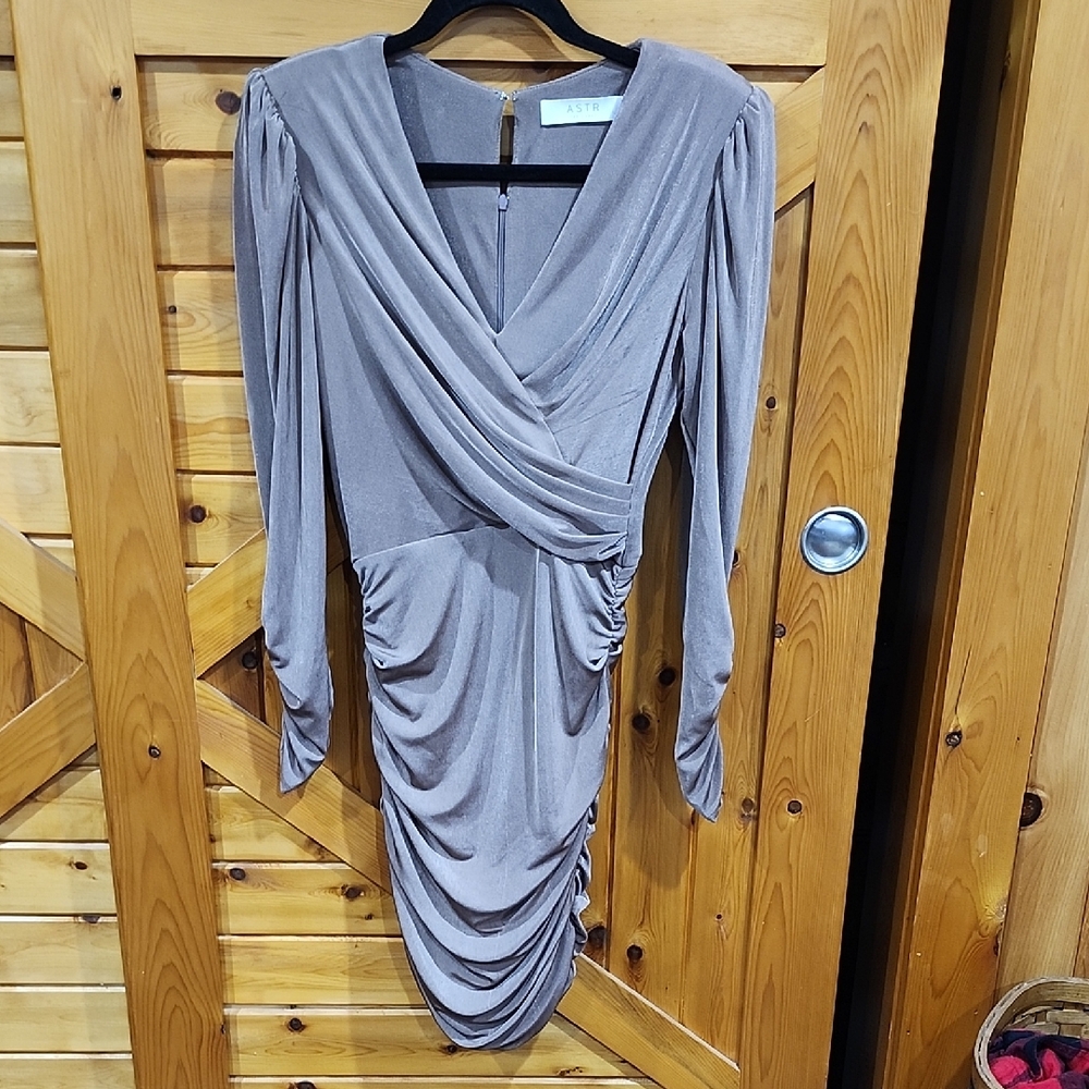 Astr Long Sleeve Draped Taupe Dress